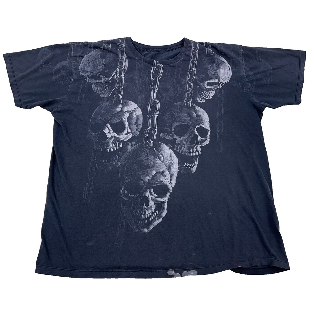 Vintage Y2K Liquid Blue Shirt Men XL Black Hanging Out Skulls Faded‎ Punk Goth